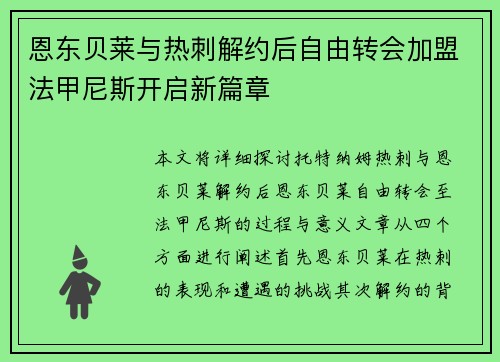 恩东贝莱与热刺解约后自由转会加盟法甲尼斯开启新篇章